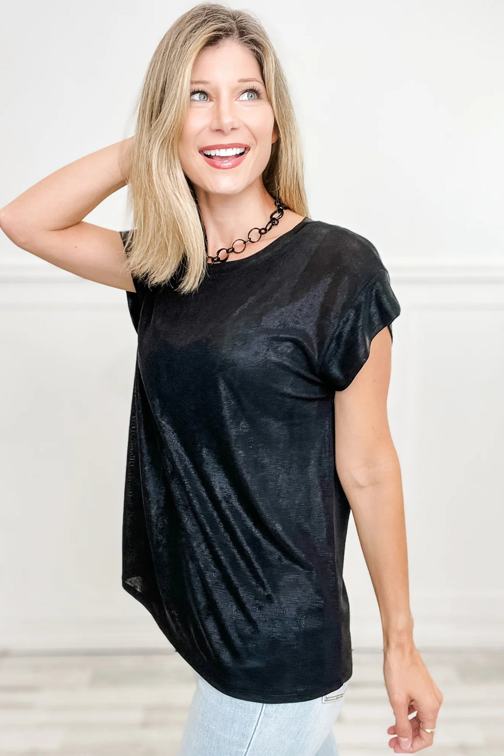 Black Metallic Round Neck Cap Sleeve Tee
