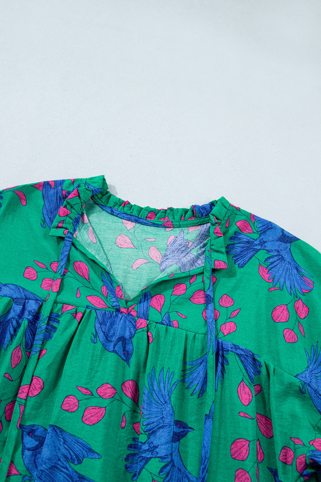 Green Abstract V-Neck Flounced Puff Sleeve Blouse