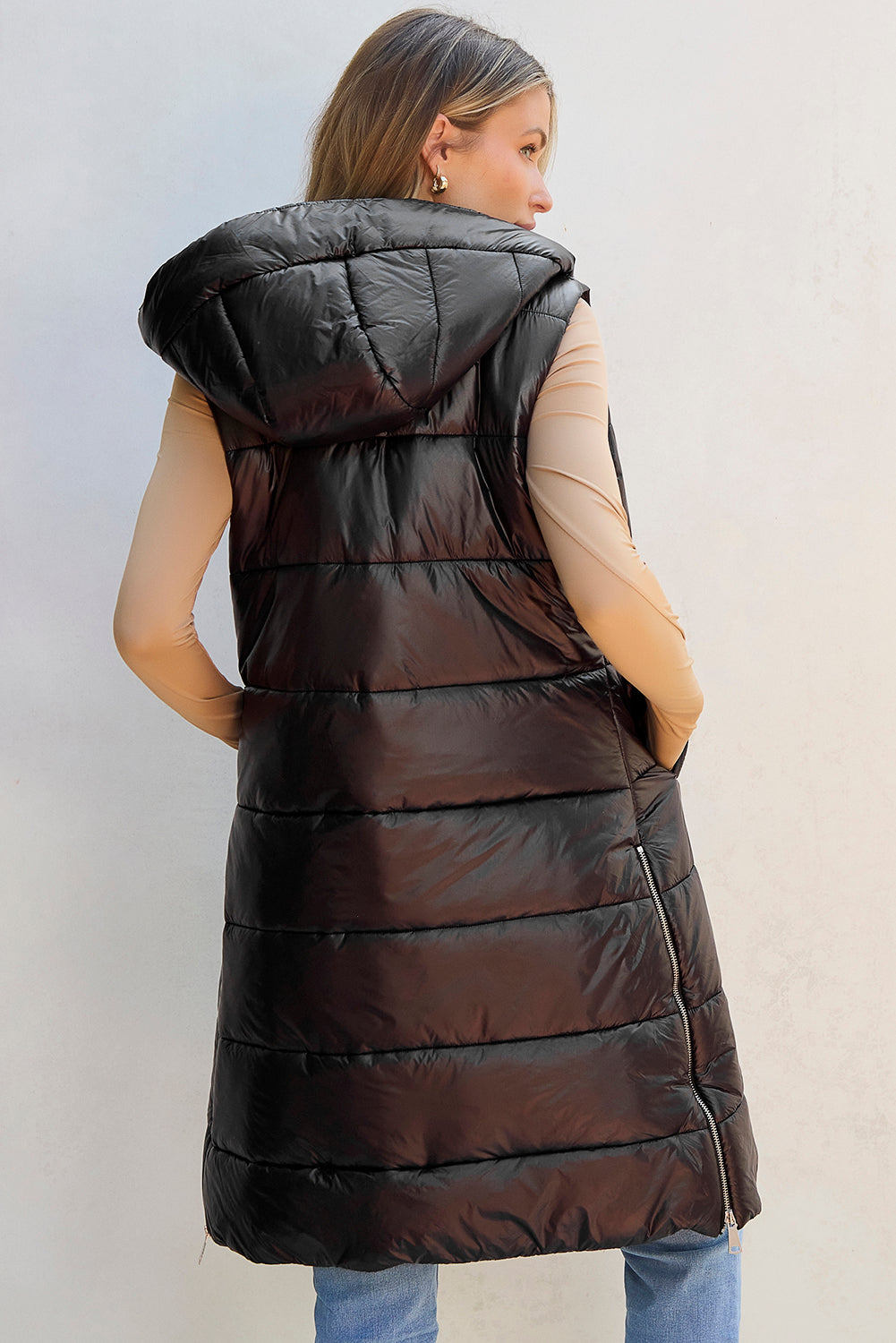 Black hooded long quilted vest coat by Dear-Lover, featuring a stylish quilted design and a comfortable hood.