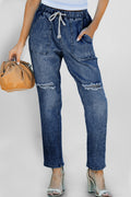 Dark blue distressed denim jogger with pocket details from Dear-Lover, featuring a gather round design and casual bottom style.