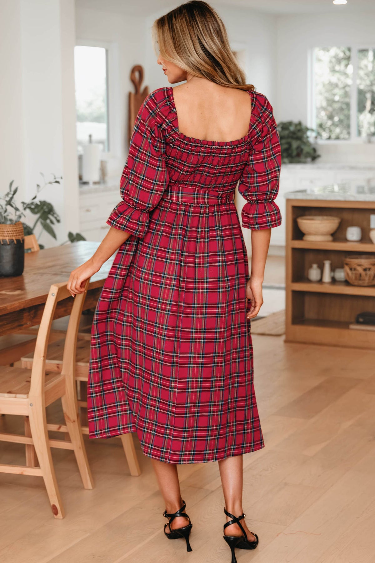 Plaid Puff Sleeve Midi Dress