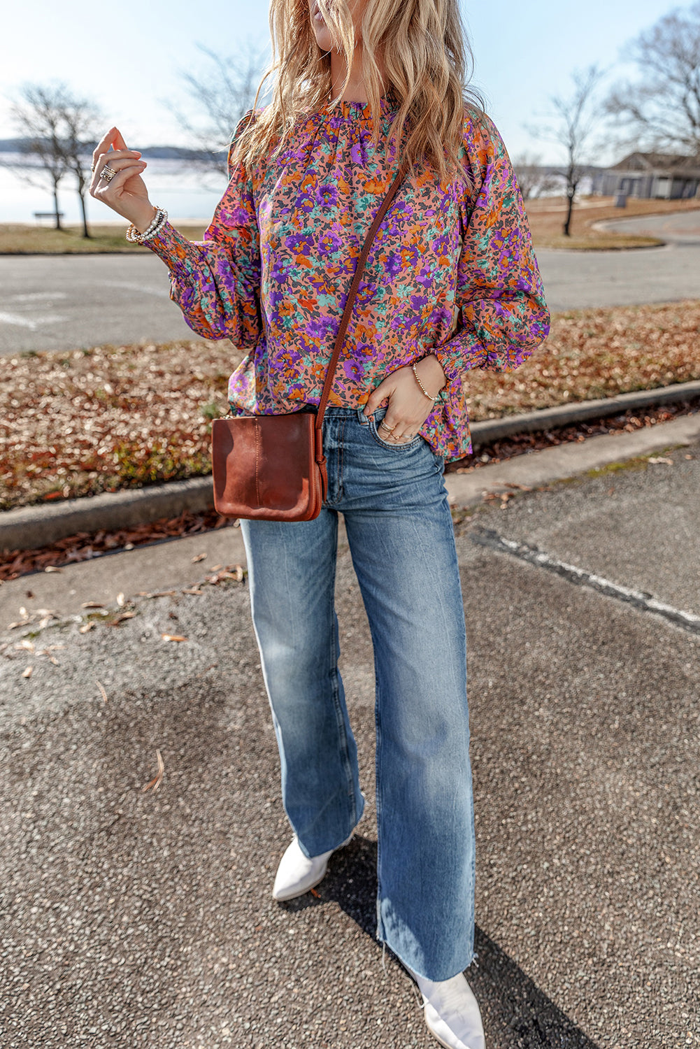 Purple Floral Shirred-Cuff Blouse