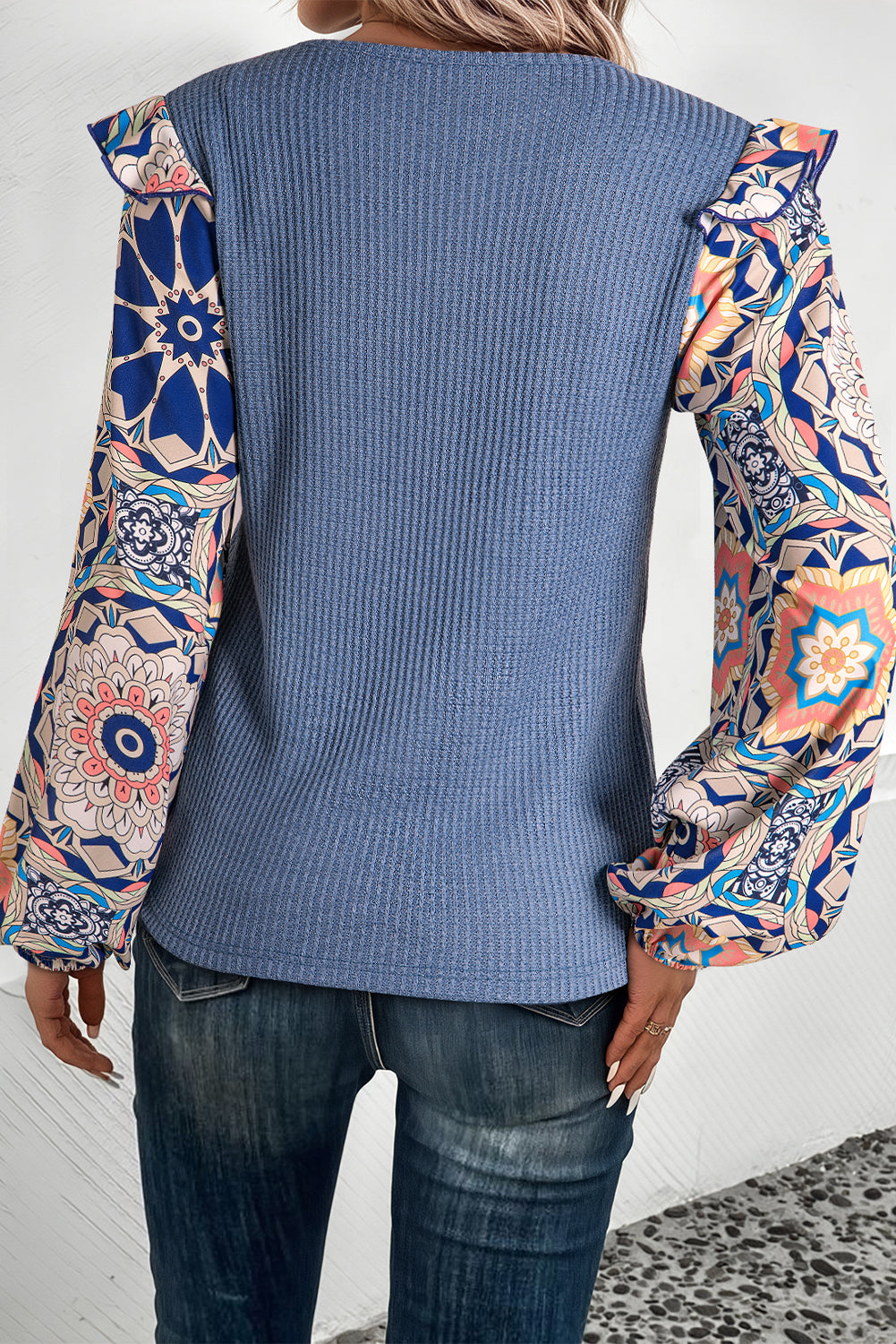 Ruffled Floral Sleeve Waffle Knit Blouse