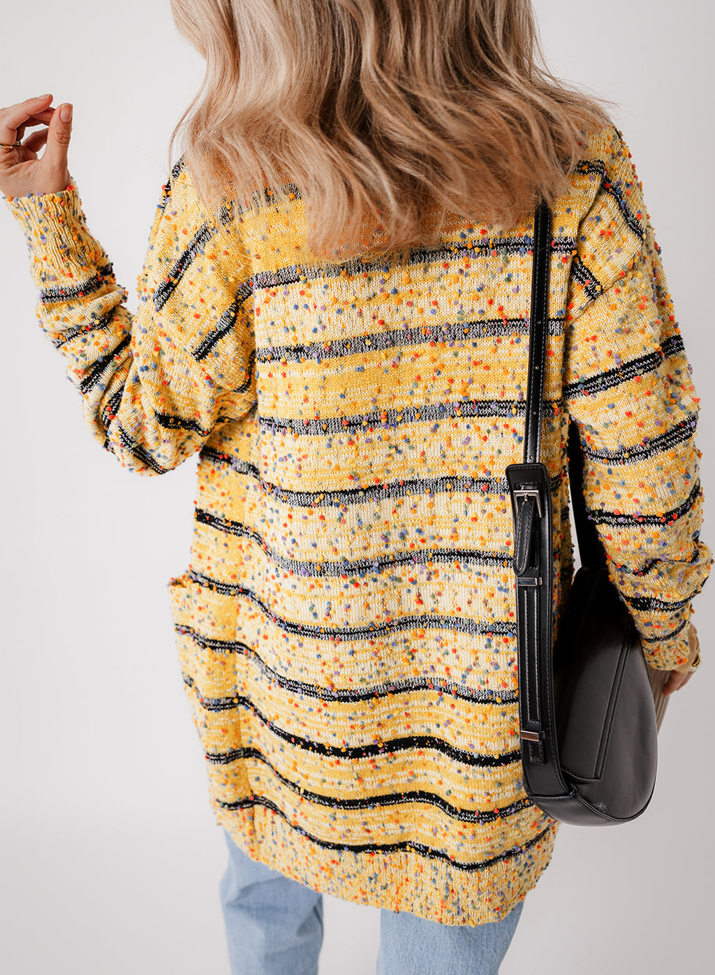Beige striped pom-pom knit open-front long cardigan by Dear-Lover with tassel details, cozy and stylish for layered outfits.
