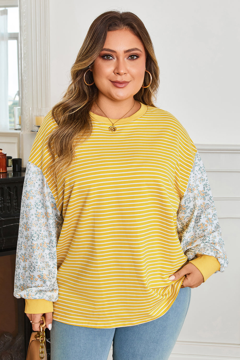 Yellow stripe plus size long sleeve top with floral contrast sleeves and patchwork design, relaxed fit from Dear-Lover.