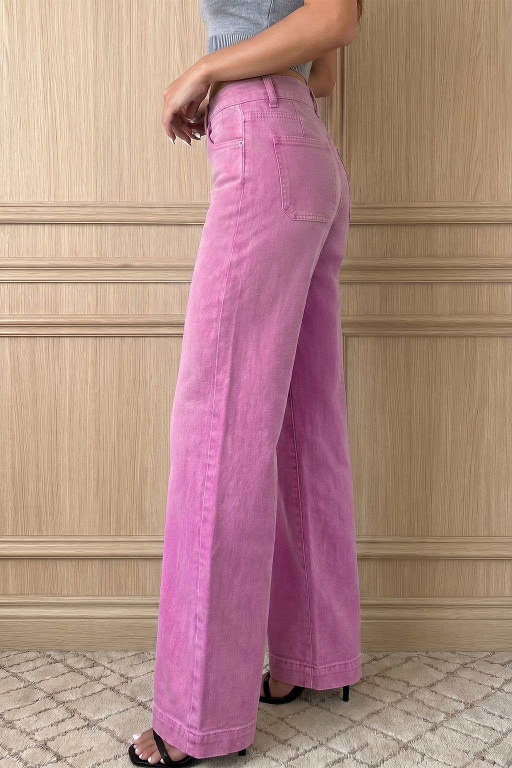 Mist Green high waist wide leg jeans with two buttons from Dear-Lover, shown on a model, casual fashion bottoms.