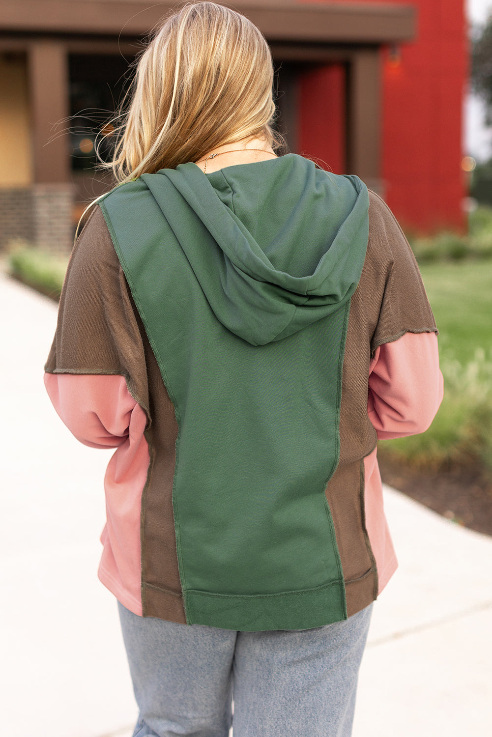 Plus size Dear-Lover colorblock patchwork V-neck hoodie with long sleeves and comfortable fit, casual style for women.