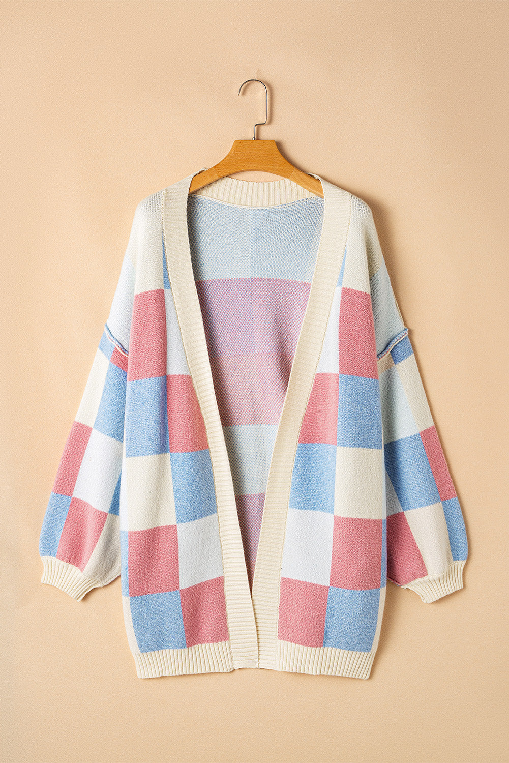 Light Blue Checkered Open-Front Cardigan