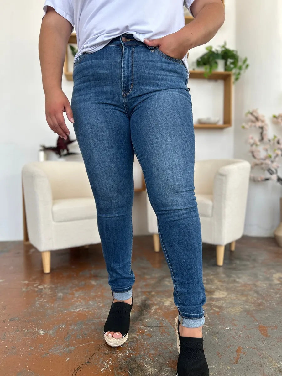 Trendsi Judy Blue full-size cuffed hem skinny jeans in dark wash with a fitted style and classic five-pocket design.