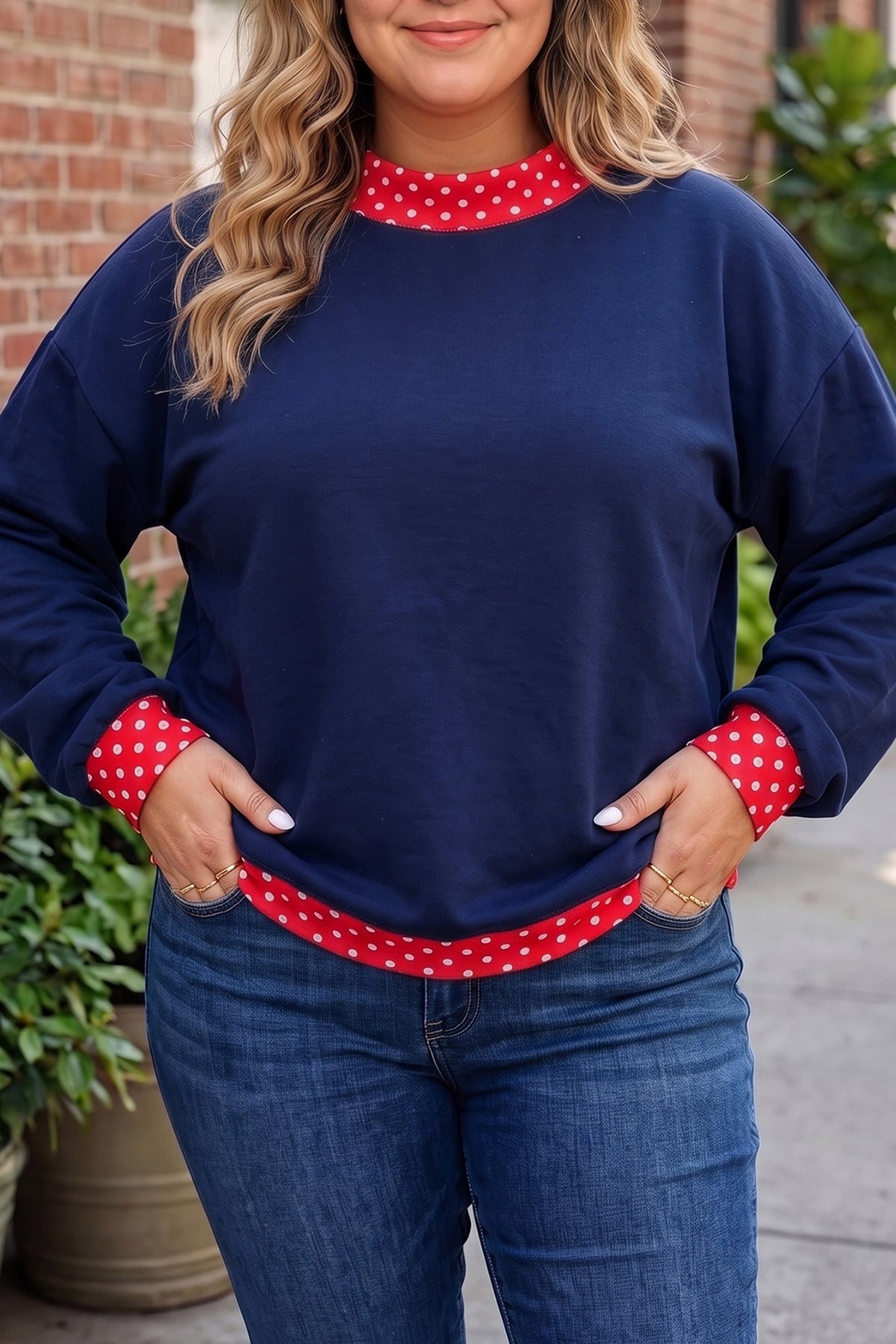 Burgundy polka dot patchwork plus size sweatshirt with round neckline, casual style, by Dear-Lover.