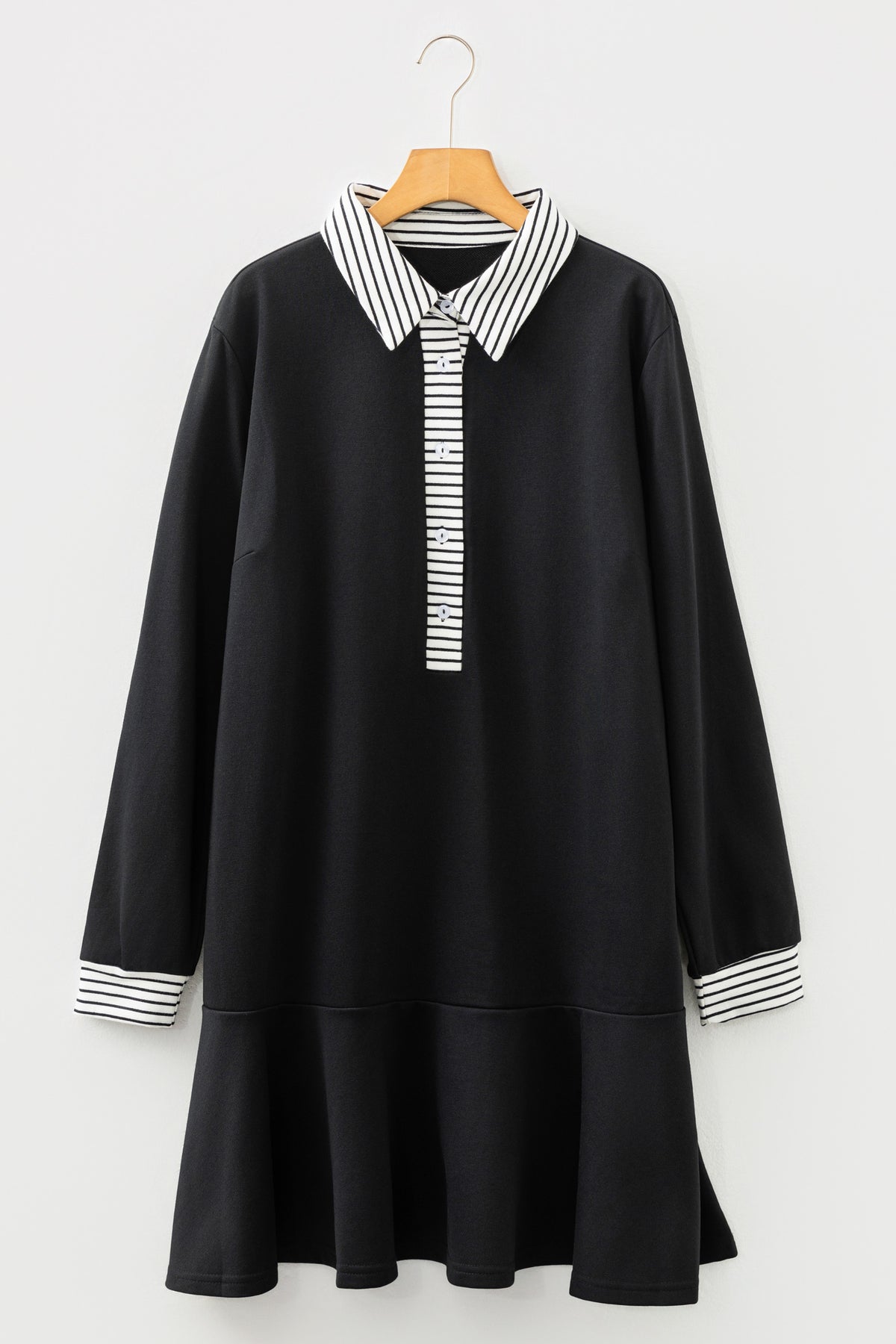 Plus size black striped cuffed polo collar patchwork long sleeve mini dress with ruffle hem, by Dear-Lover.