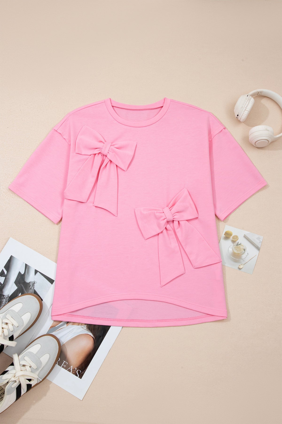 Pink Solid Color Raw Edge Bow Patch Loose T Shirt