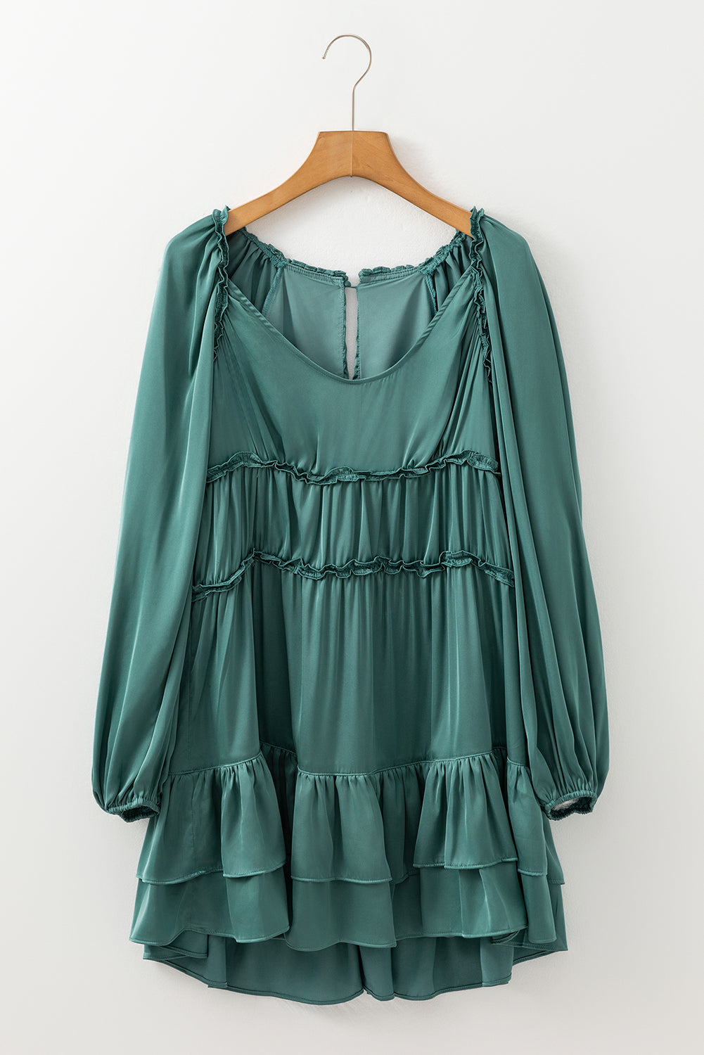 Mist Green Tiered Puff-Sleeve Mini Dress
