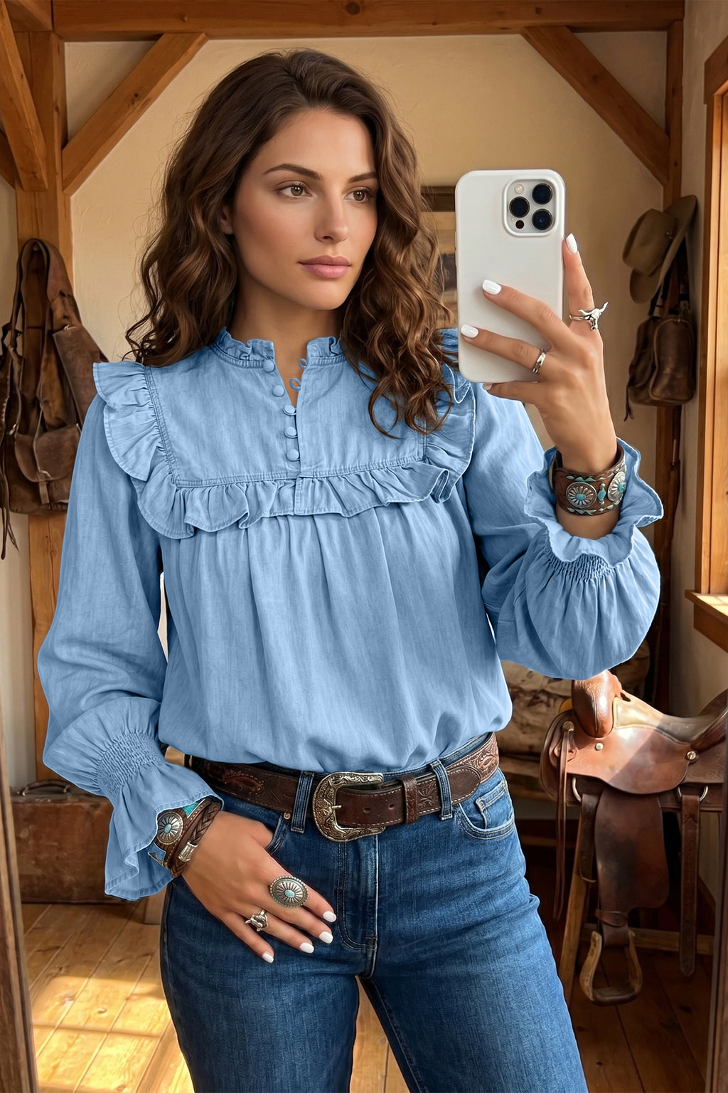 Beau Blue Western Ruffle V-Neck Long-Sleeve Chambray Blouse