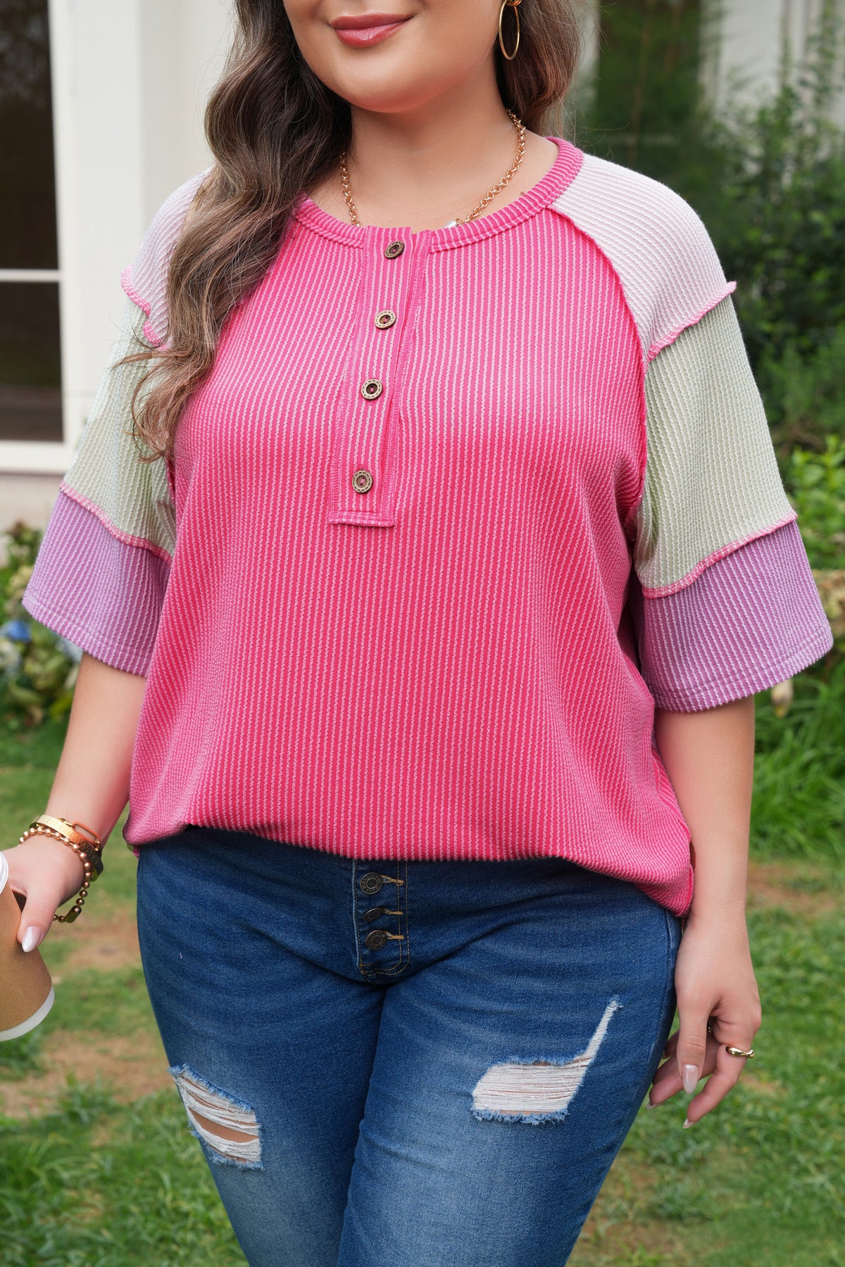 Bright pink plus size twisted rib color block patchwork short sleeve Henley top from Dear-Lover with stylish design and comfortable fit.