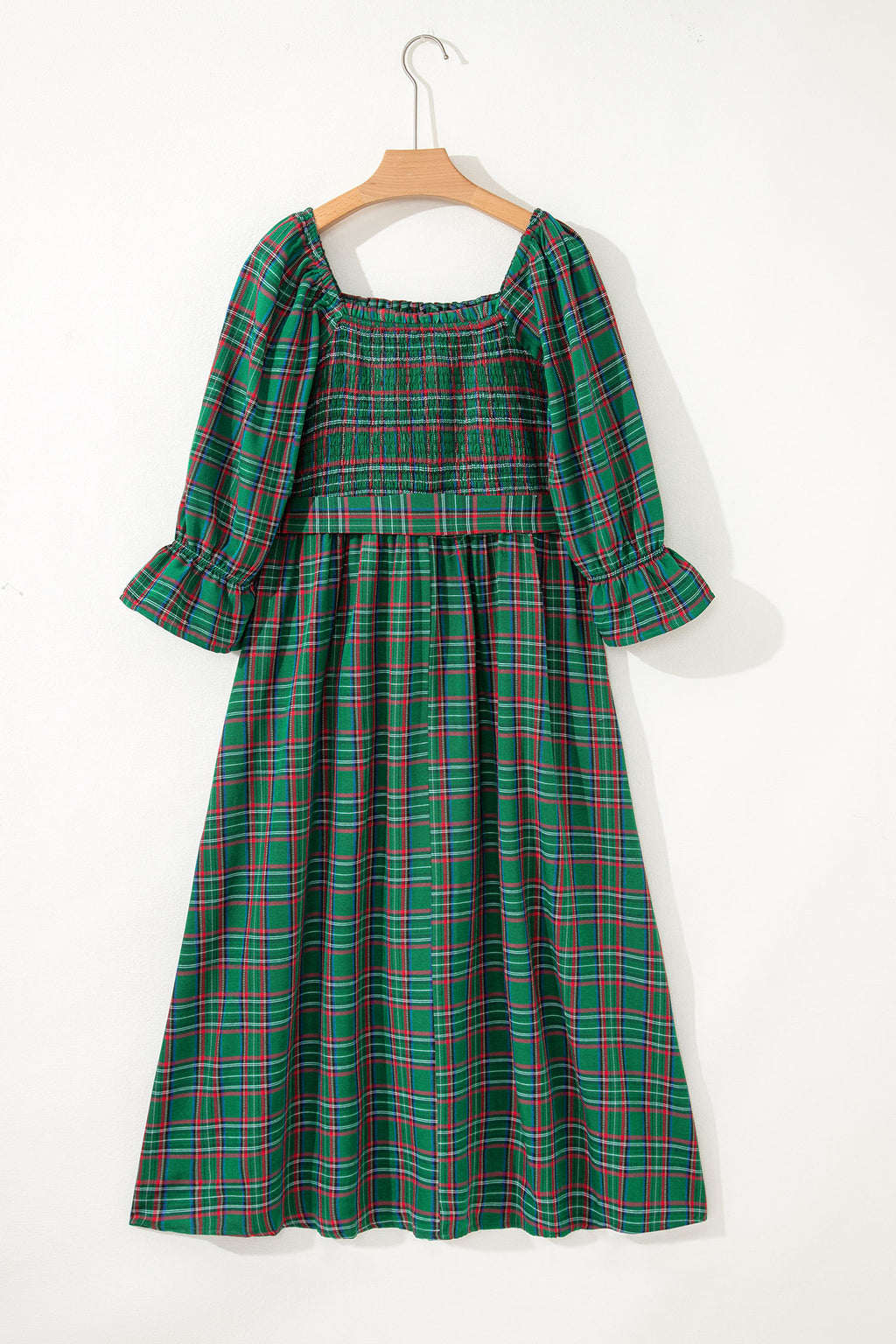 Plaid Puff Sleeve Midi Dress