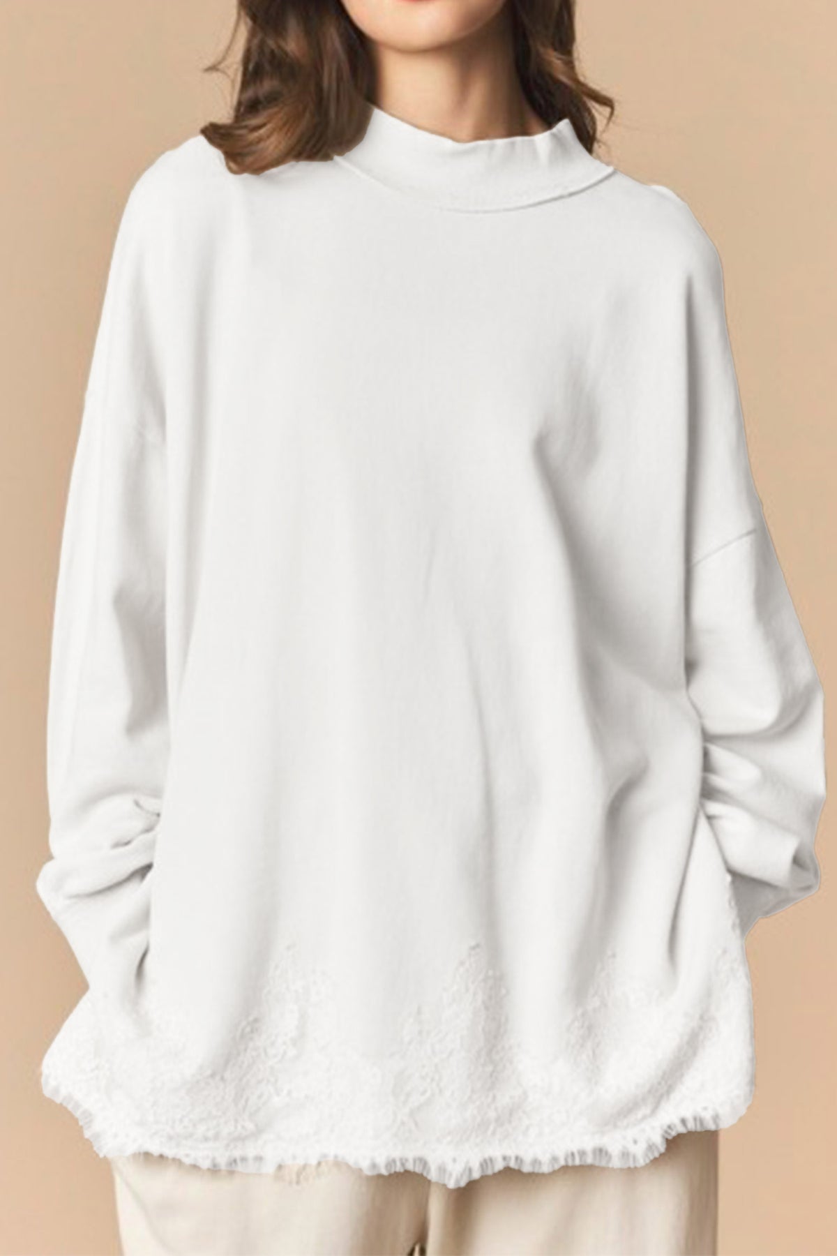 Fushia Lace-Hem Mock-Neck Sweatshirt