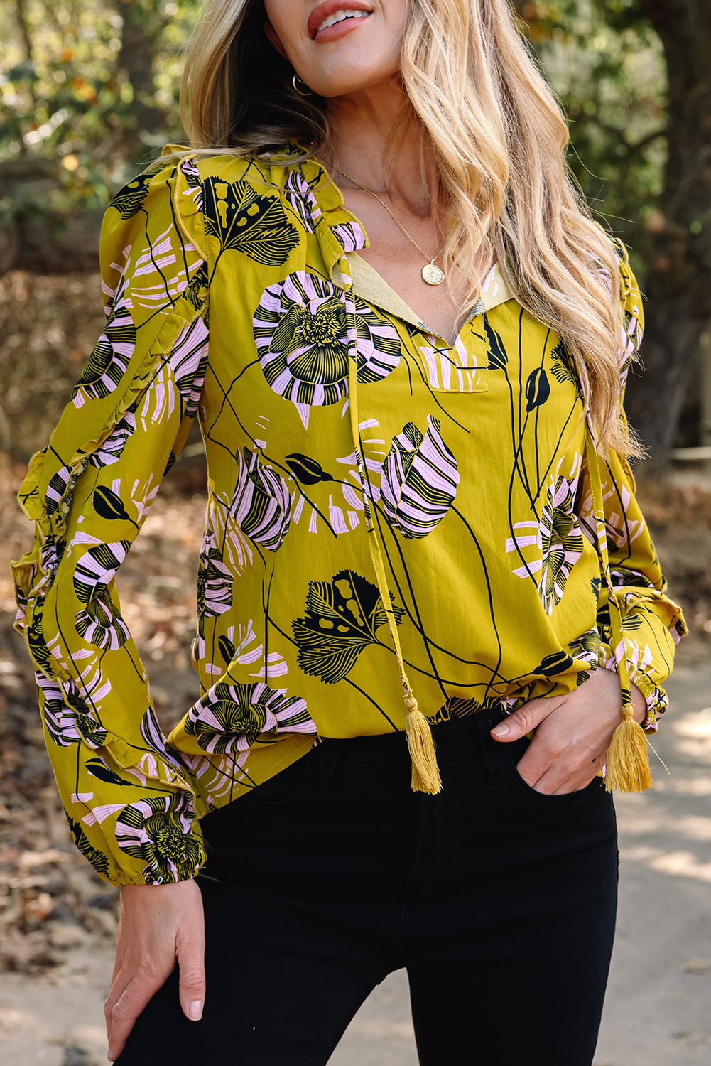 Yellow Vintage Floral Ruffle Blouse