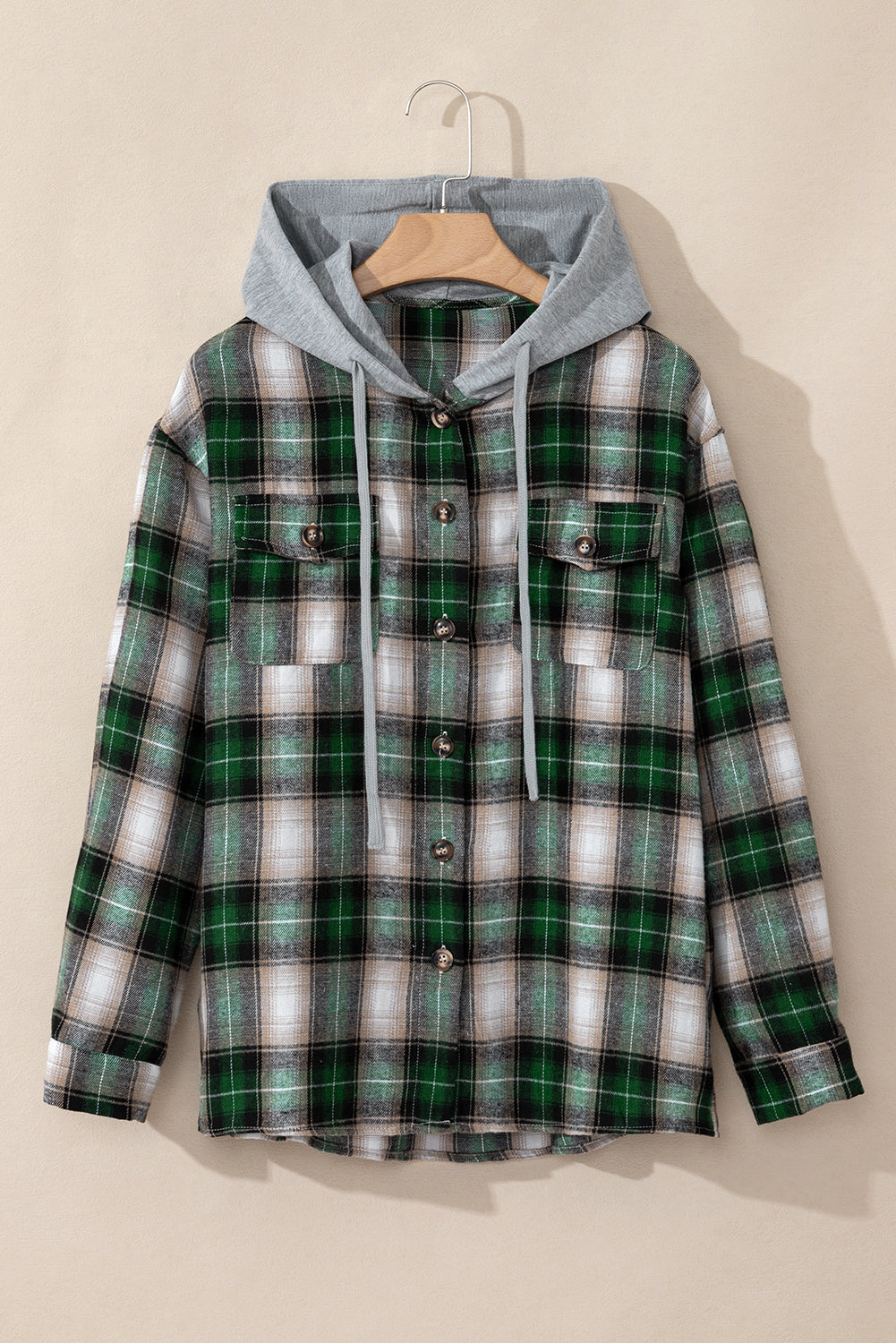 Red plaid print Dear-Lover shacket with chest pocket and hood, featuring button closures and casual style.