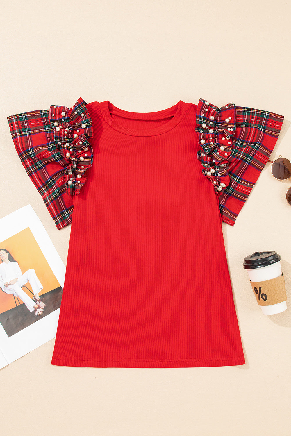 Plaid Pearl Ruffle Short Sleeve Shirt