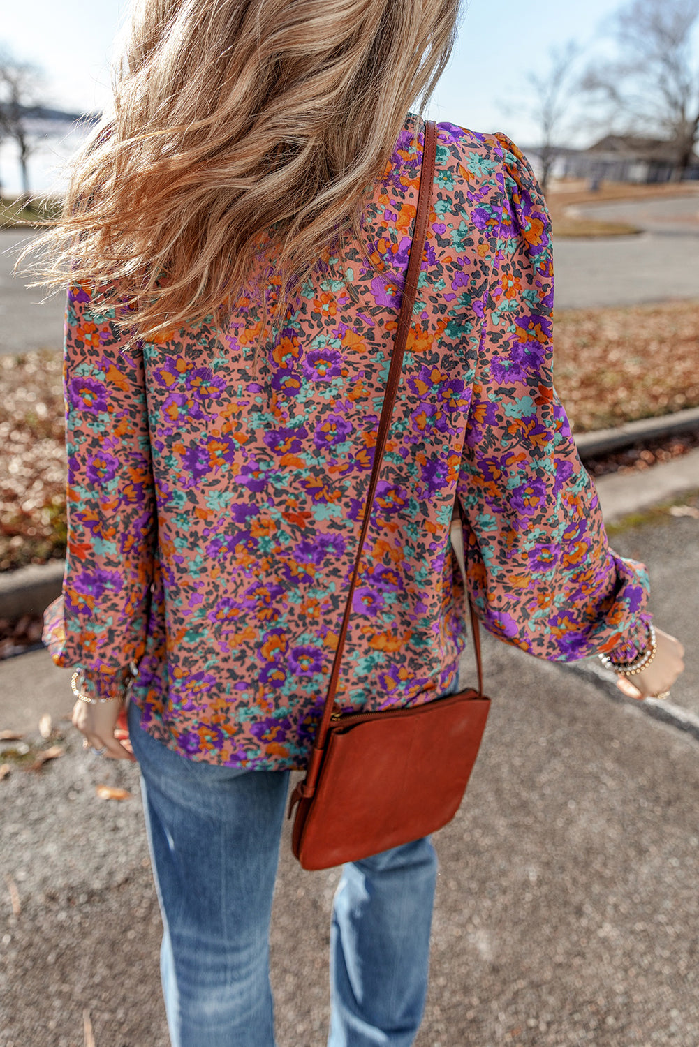 Purple Floral Shirred-Cuff Blouse