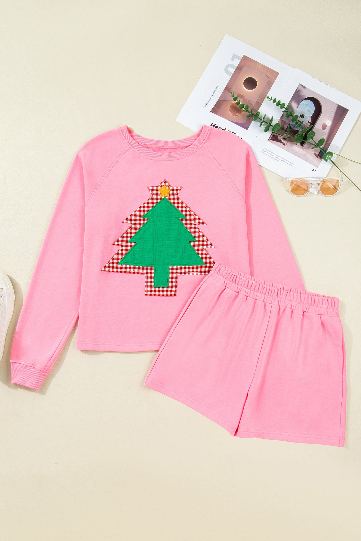 Pink Christmas Tree Pullover Short Set