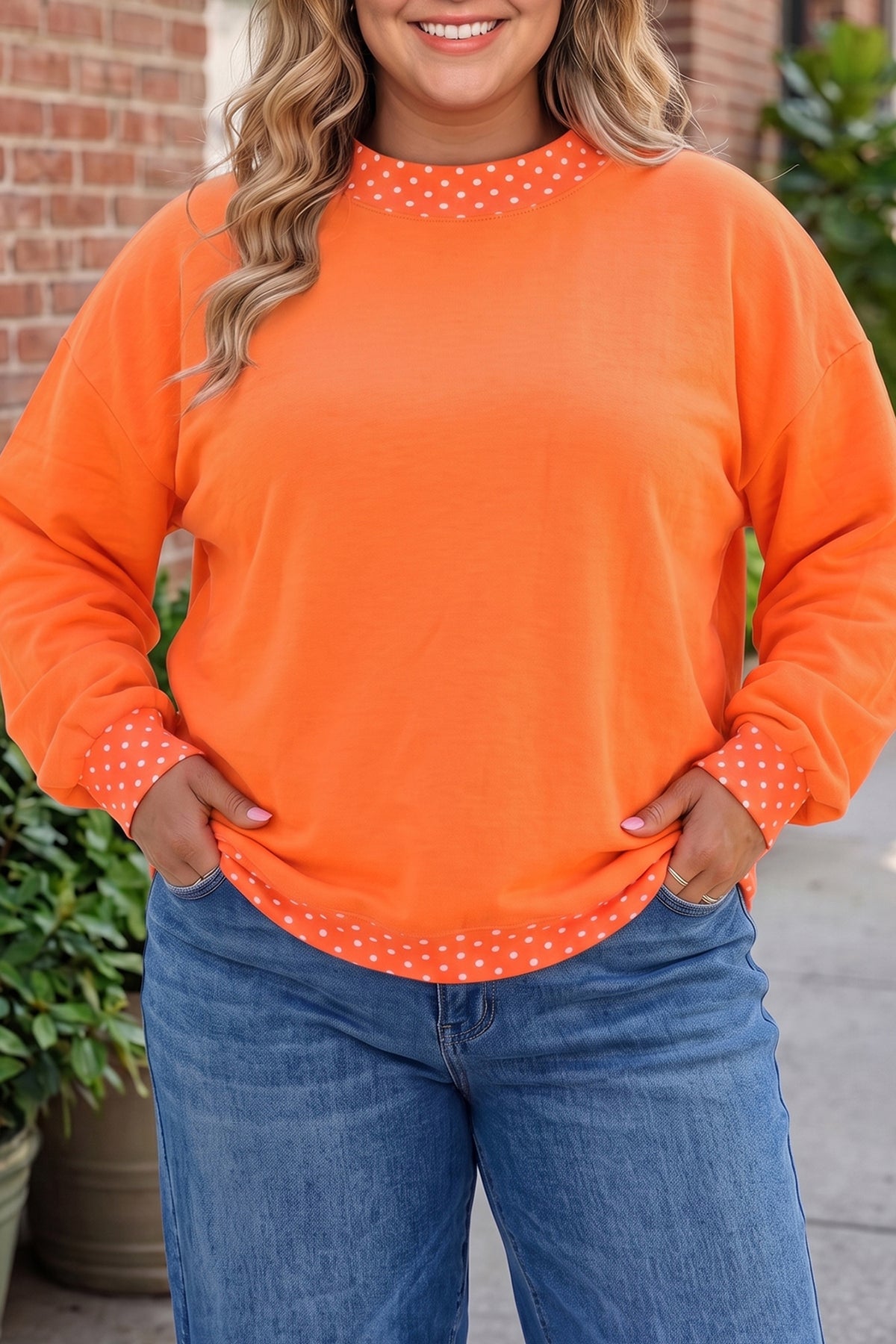 Burgundy polka dot patchwork plus size sweatshirt with round neck from Dear-Lover, featuring a cozy, casual fit.