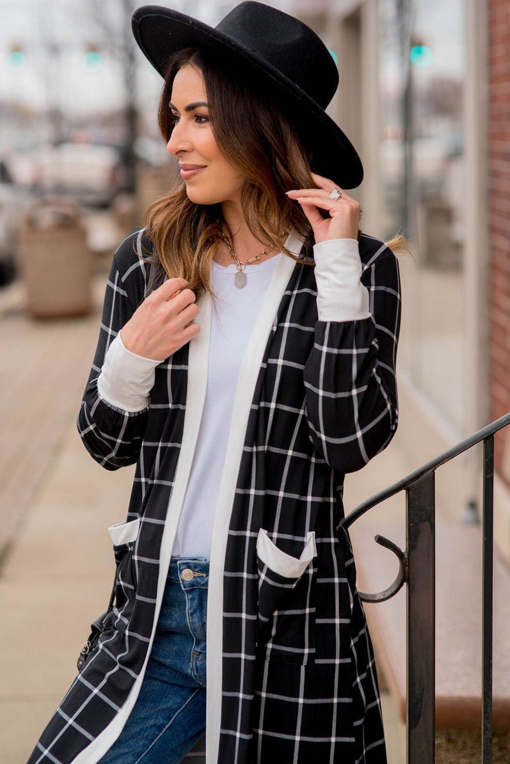 Black plaid colorblock edge open cardigan with pocket from Dear-Lover, featuring a stylish layered design and cozy fit.