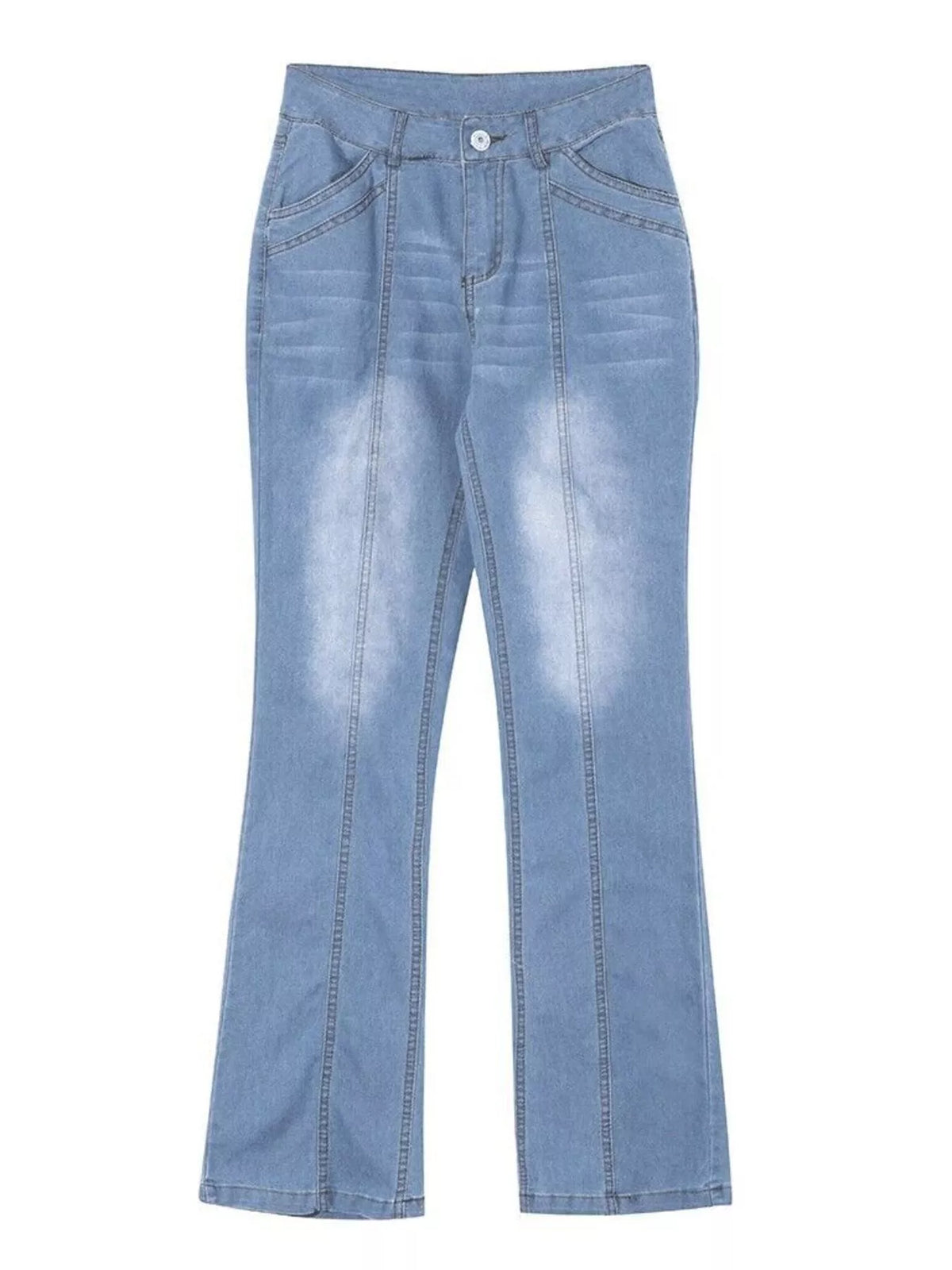 Mid-rise bootcut jeans by Trendsi featuring classic denim fabric, fitted waist, and flared leg opening.