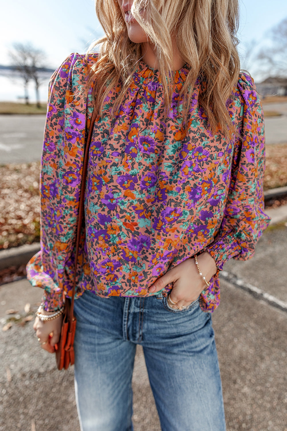 Purple Floral Shirred-Cuff Blouse