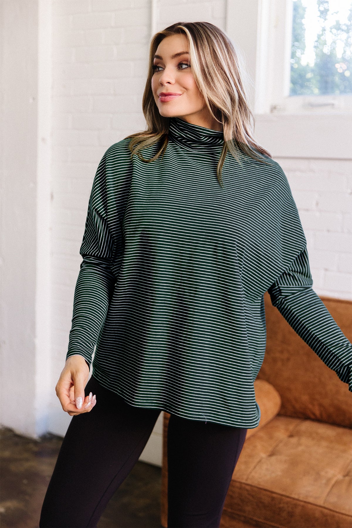 Green Stripe High Neck Long Sleeve Casual Top