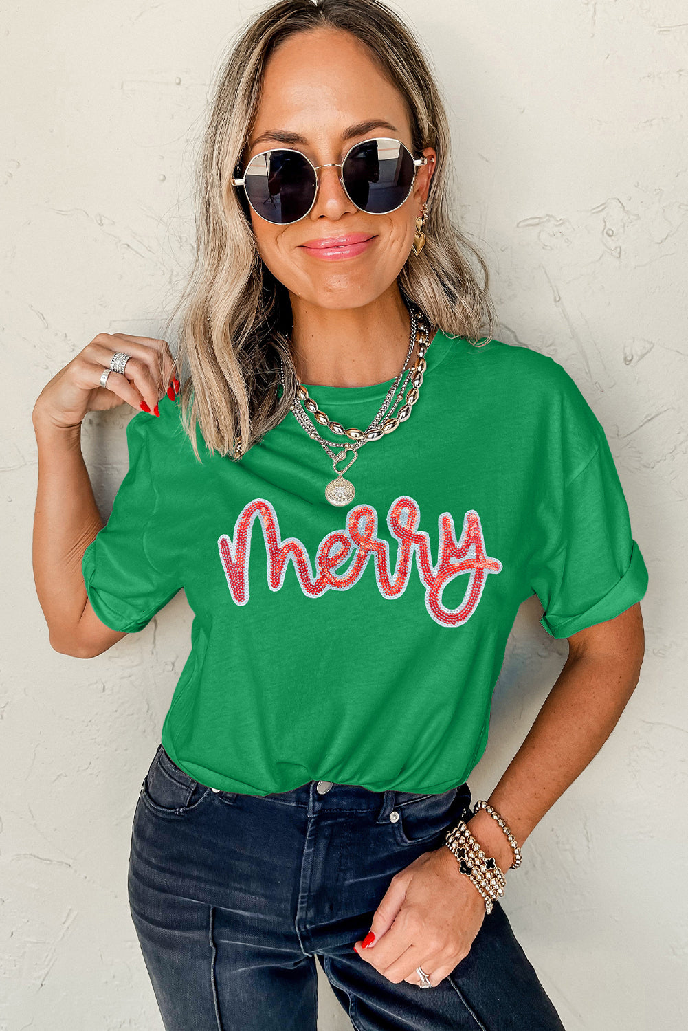 Bright Green merry Sequin Graphic Tee