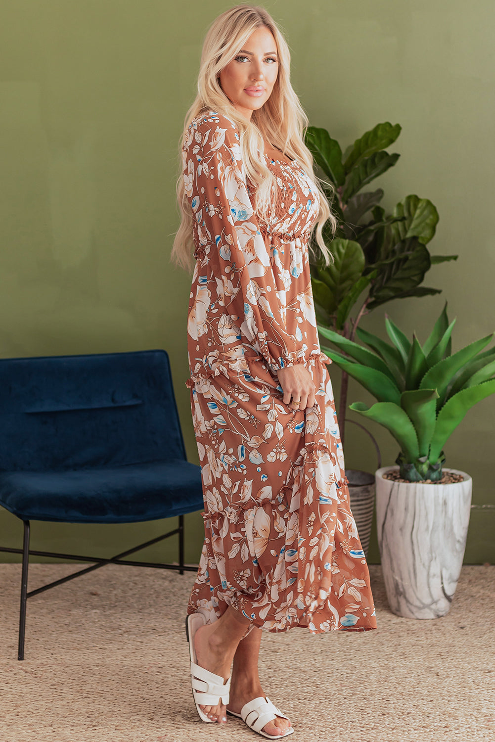 Brown Floral Shirred Maxi Dress