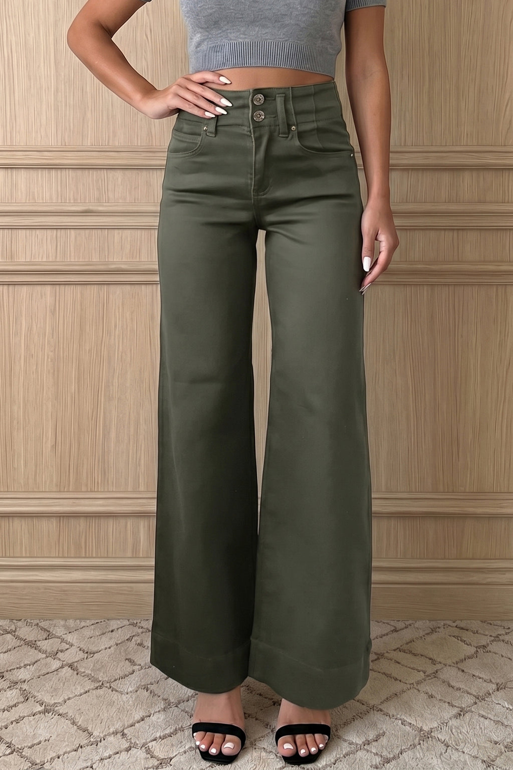 Mist Green high waist wide leg jeans with 2-button closure from Dear-Lover, shown in a stylish, full-length view.