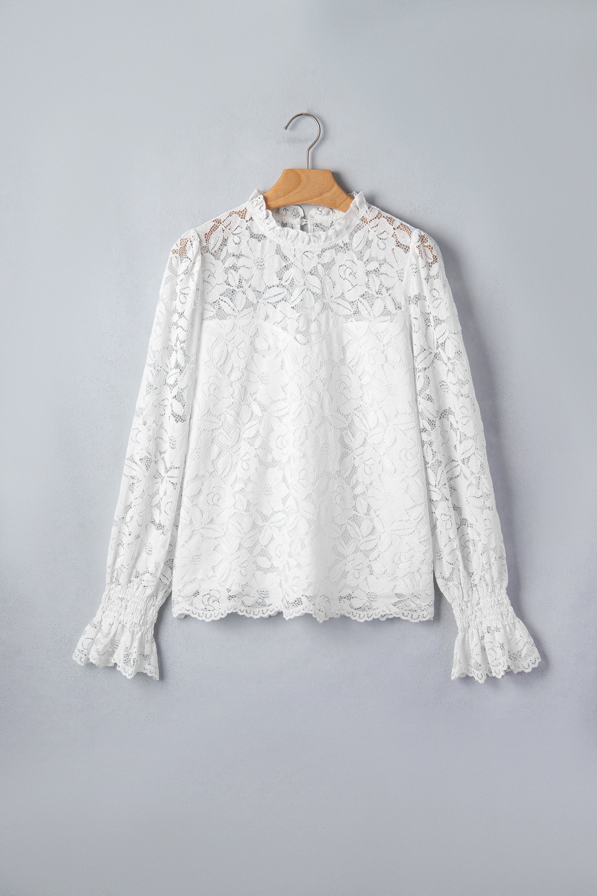 White Ruffled Sheer Lace Blouse