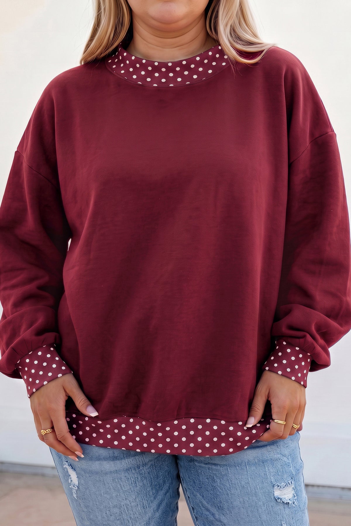 Burgundy polka dot patchwork round neck plus size sweatshirt from Dear-Lover with long sleeves and comfortable fit.