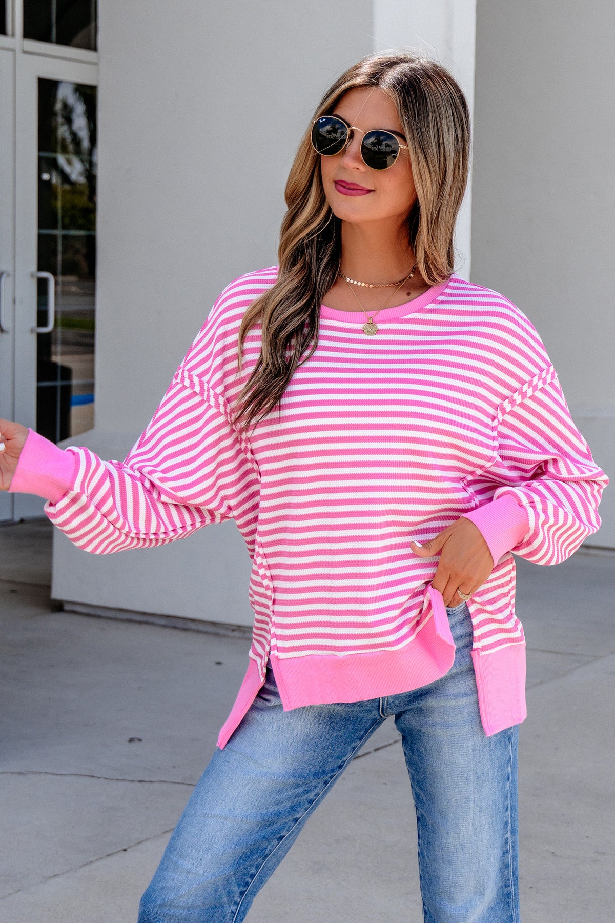 Pink Stripe Textured Knit Colorblock Trim Split Hem Long-Sleeve Top