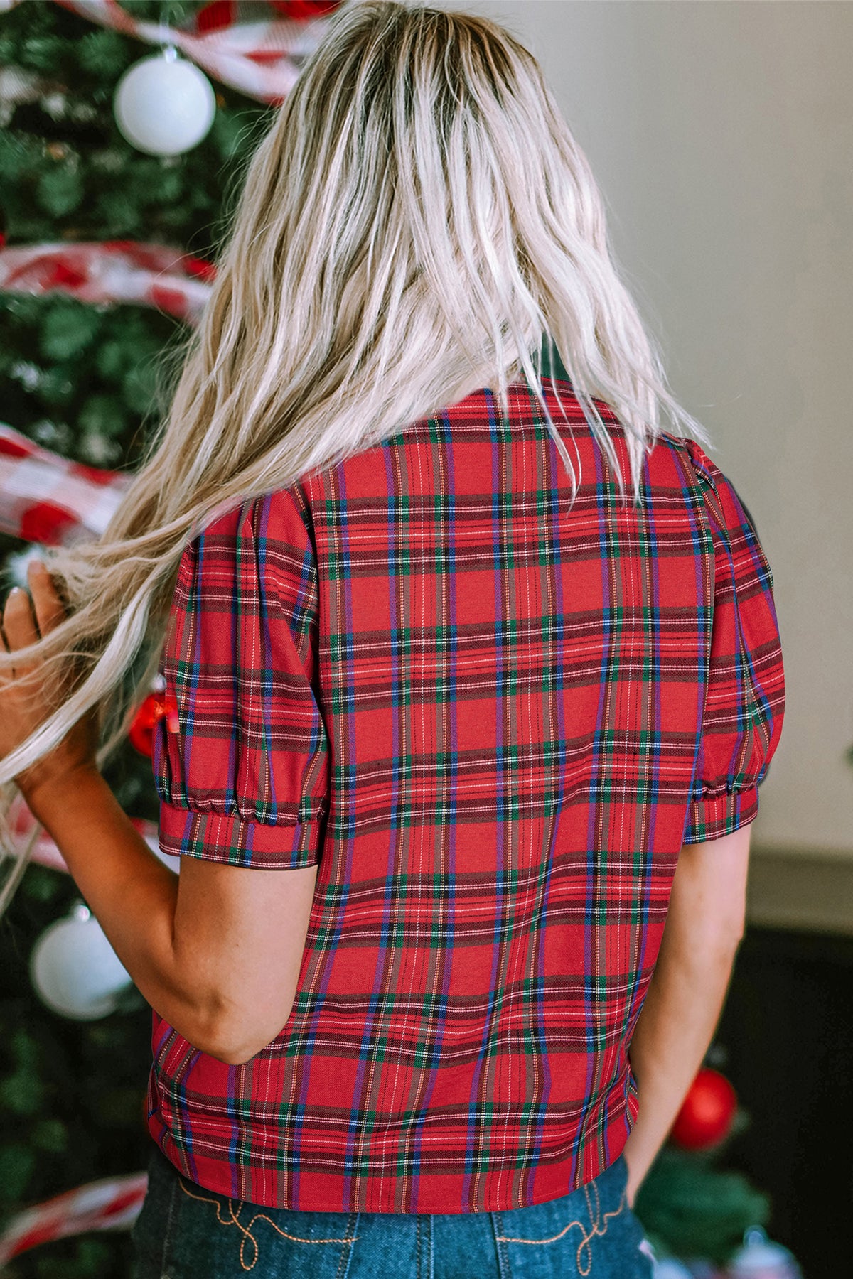 Red Plaid V-Neck Blouse