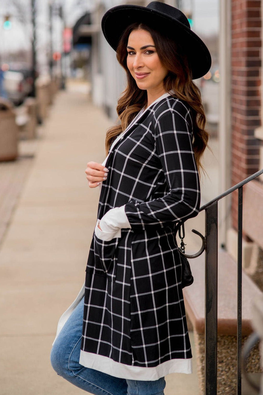 Black plaid colorblock edge open cardigan with front pocket by Dear-Lover, stylish knitwear for casual wear.