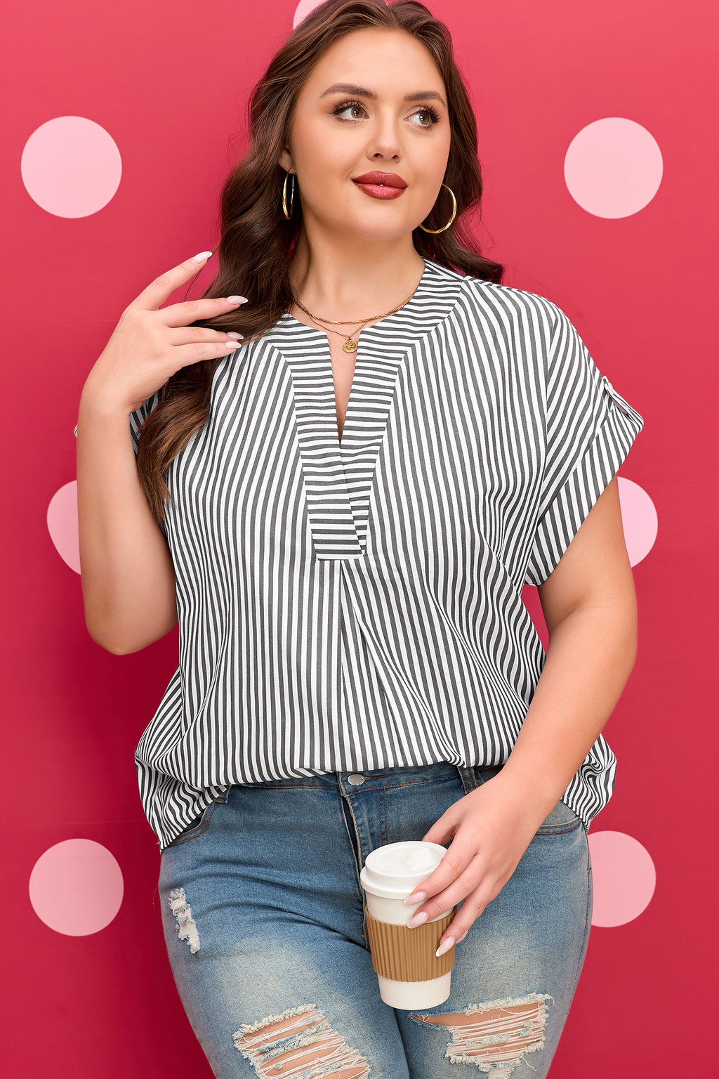 Black Stripe Plus Size V Neck Roll-tab Short Dolman Sleeve Blouse
