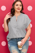 Black Stripe Plus Size V Neck Roll-tab Short Dolman Sleeve Blouse
