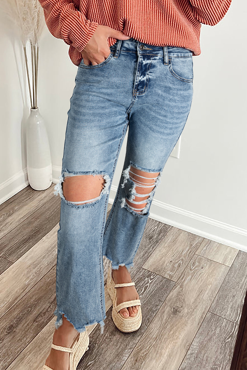 Dear-Lover Raw Hem Ripped Open Knee Fit Flare Jeans, women's denim bottoms with distressed details and a flared silhouette.