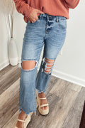 Dear-Lover Raw Hem Ripped Open Knee Fit Flare Jeans, women's denim bottoms with distressed details and a flared silhouette.