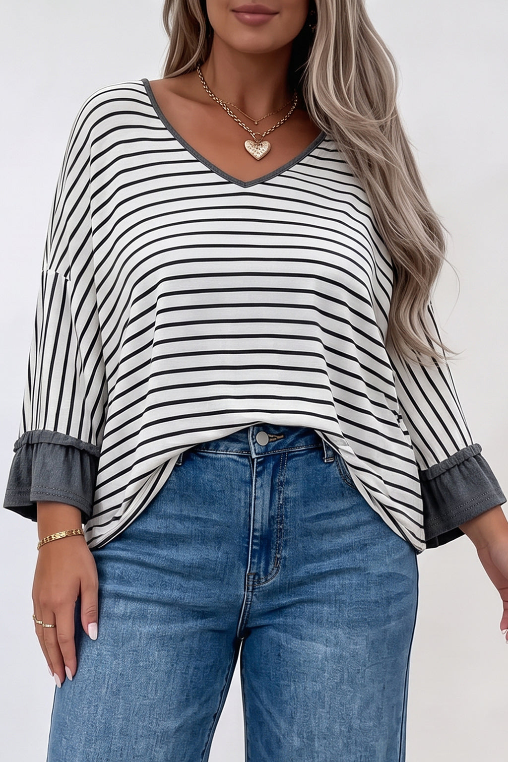 Gray stripe ruffled bracelet sleeve V-neck plus size top by Dear-Lover, featuring a flattering fit and long sleeve design.