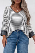 Gray stripe ruffled bracelet sleeve V-neck plus size top by Dear-Lover, featuring a flattering fit and long sleeve design.