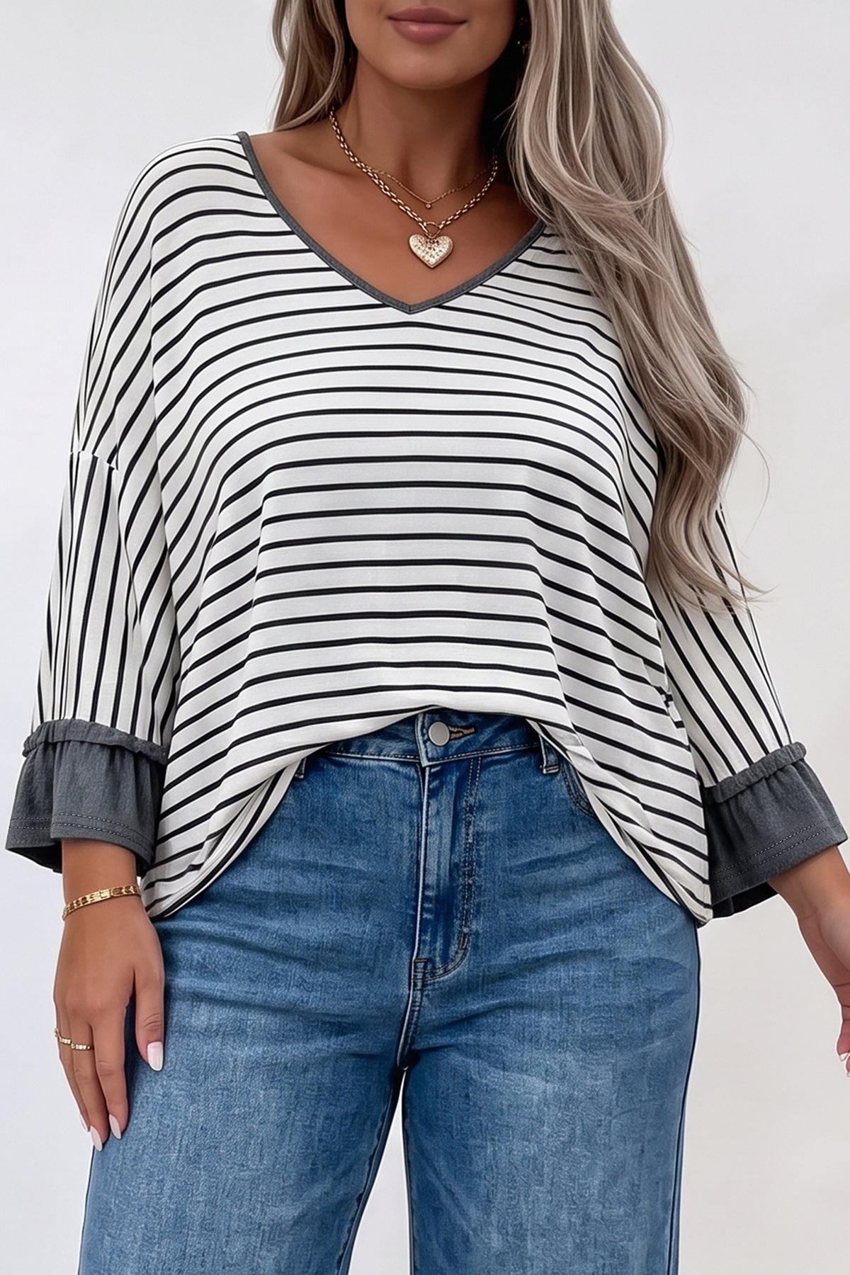 Gray stripe ruffled bracelet sleeve V-neck plus size top by Dear-Lover, featuring a flattering fit and long sleeve design.