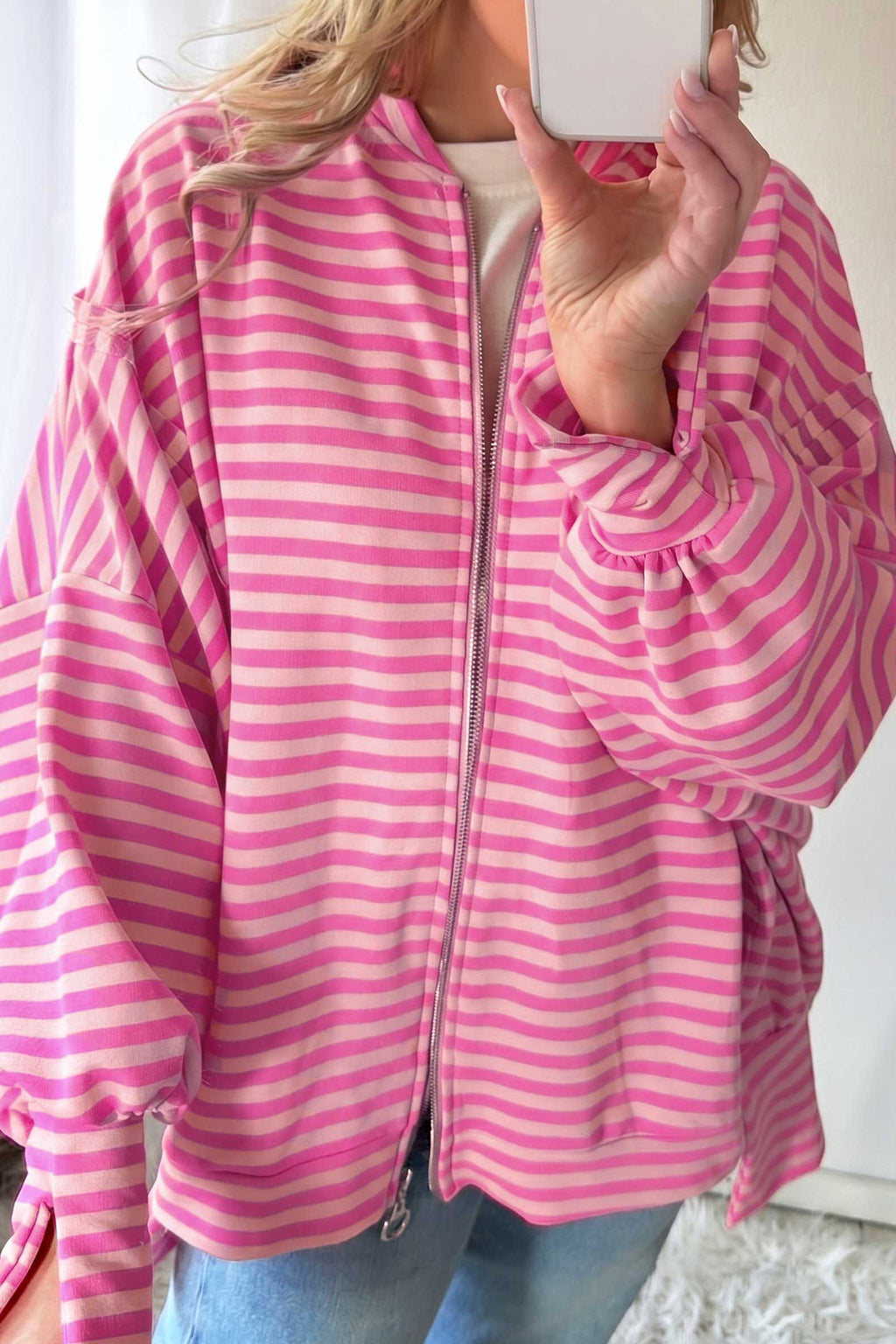 Pink Stripe Zip-Up Puff Sleeve Zip Jacket Sweatshirt
