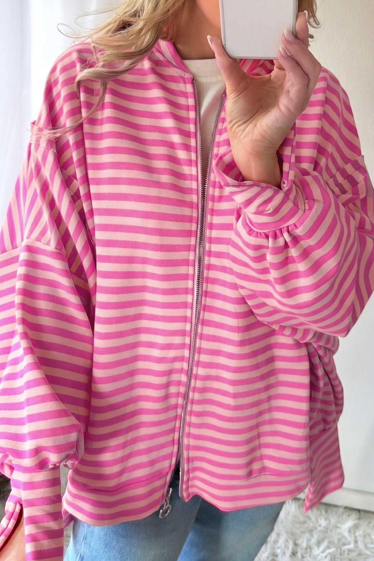 Pink Stripe Zip-Up Puff Sleeve Zip Jacket Sweatshirt