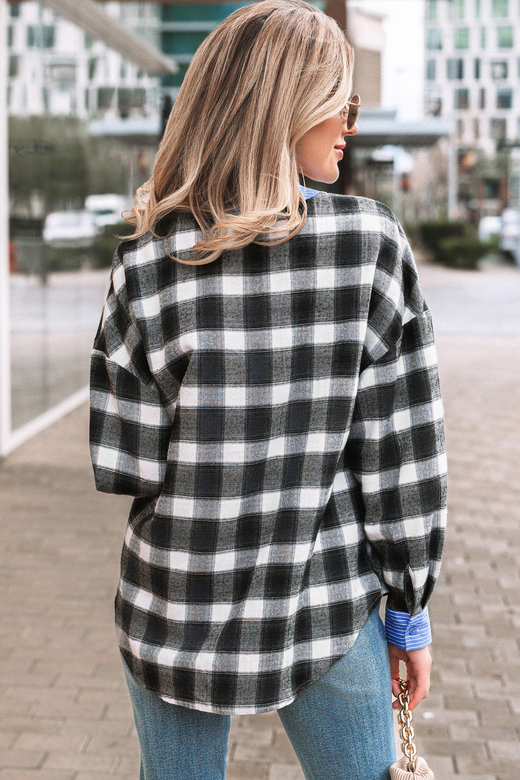 Black Contrast Striped Edge Half Placket Plaid Blouse