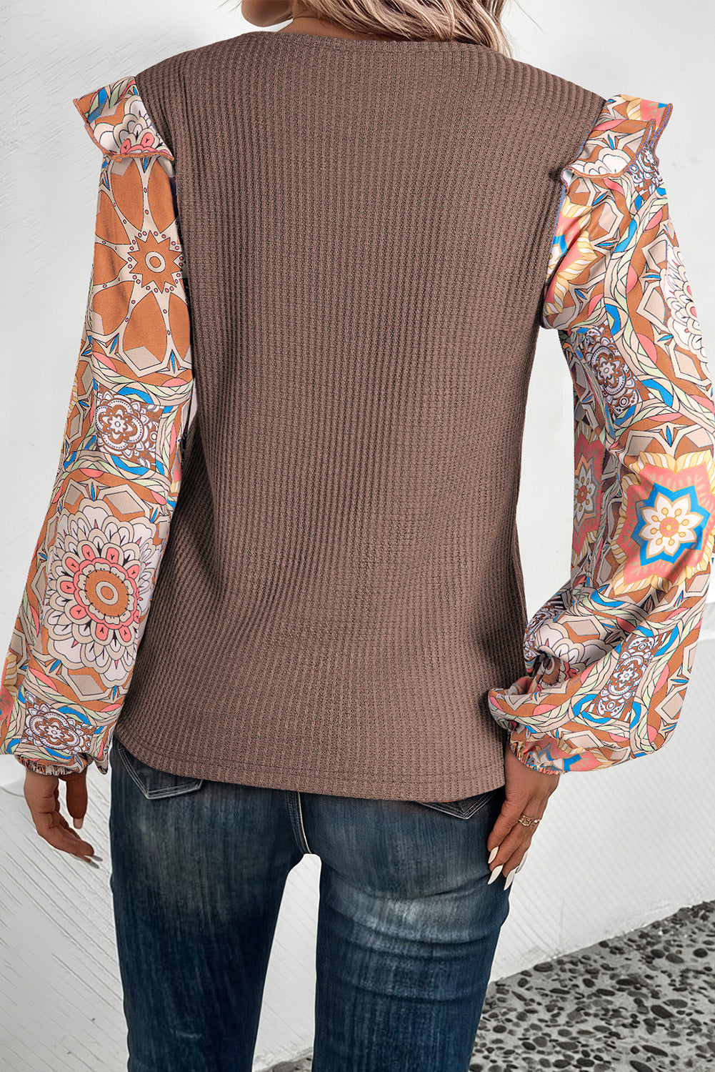 Ruffled Floral Sleeve Waffle Knit Blouse